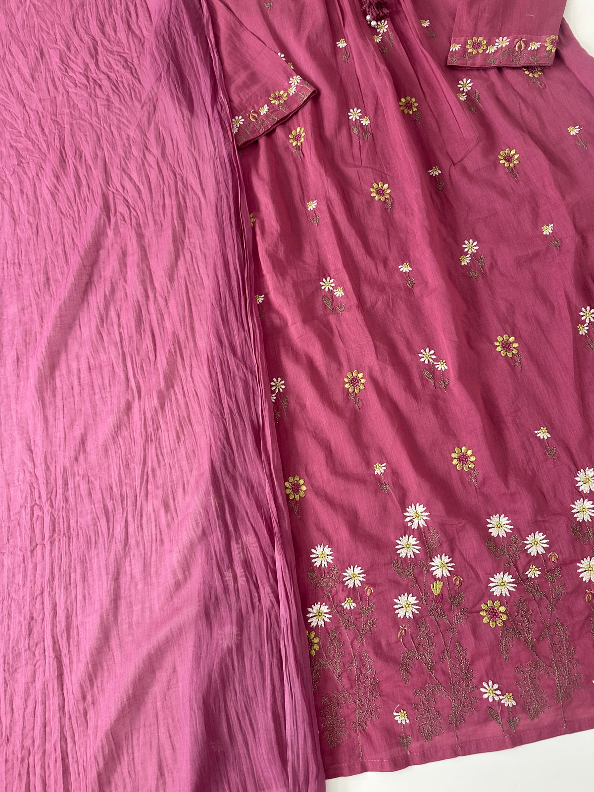 K395 - Mul cotton embroidered Aline Kurti with pants and dupatta in 3 colours