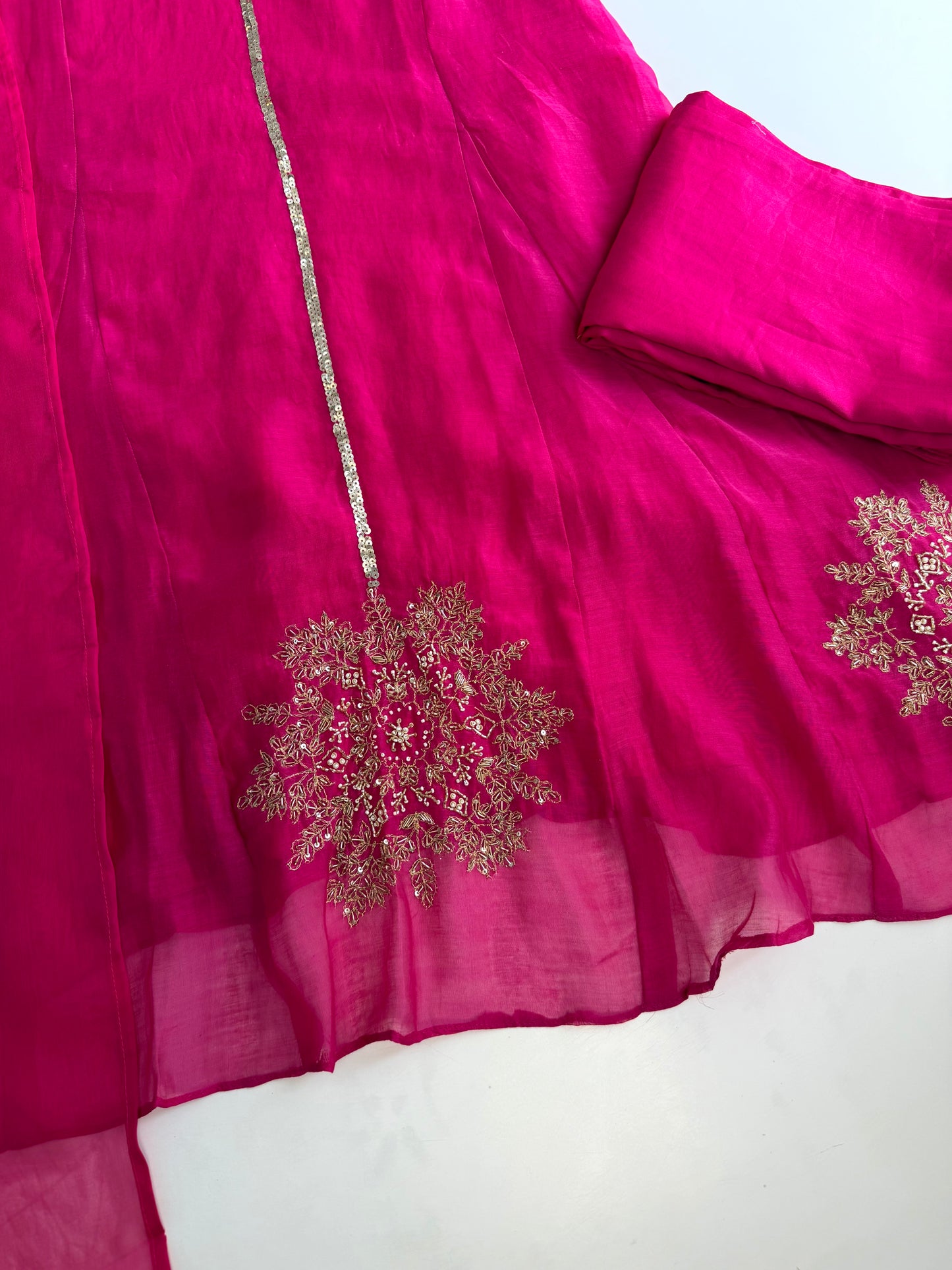 K074 - Mul chanderi handwork Aline Kurti with pants and dupatta