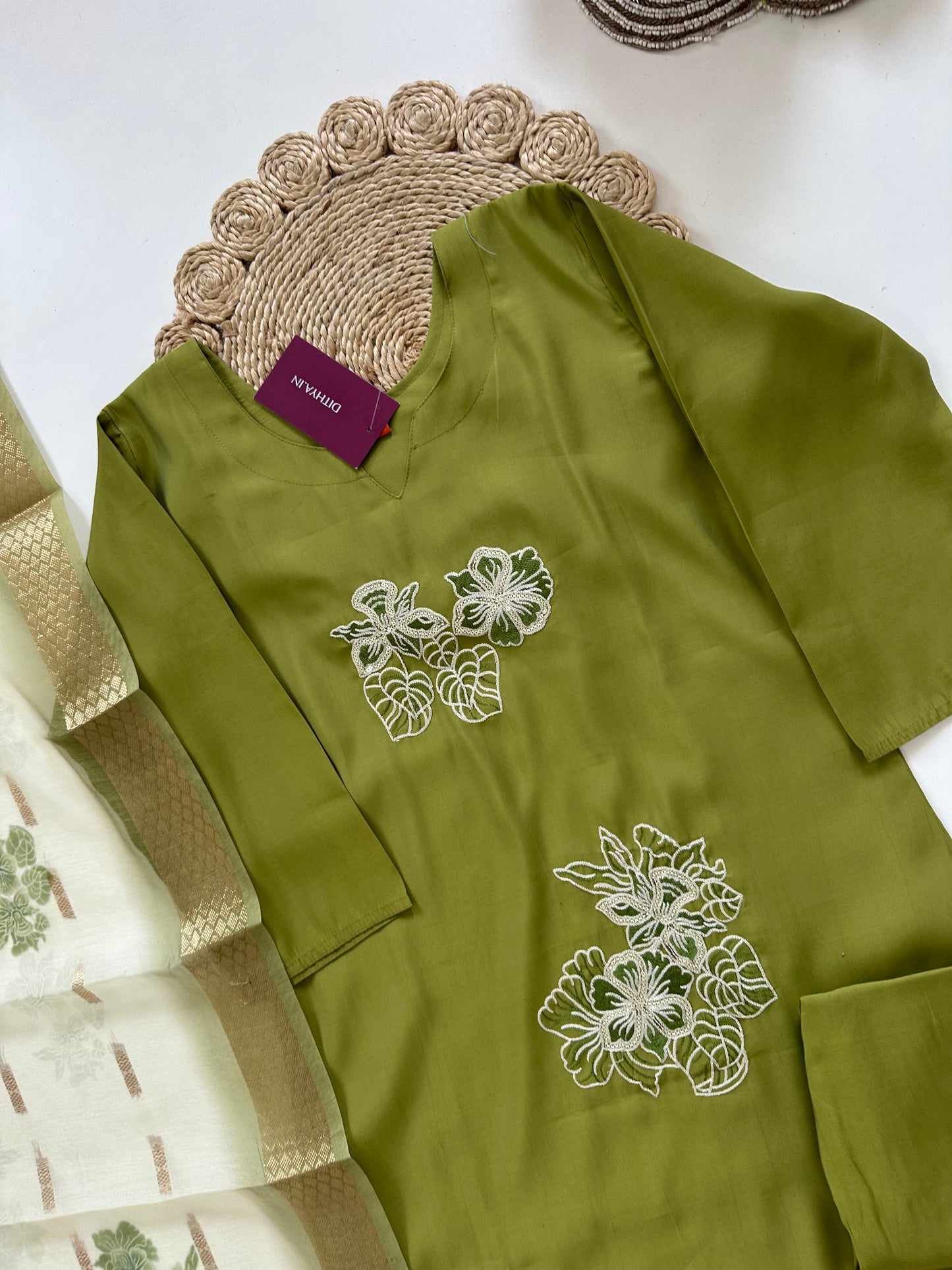K218 - Roman silk thread work straight Kurti with pants and dupatta in 2 colours