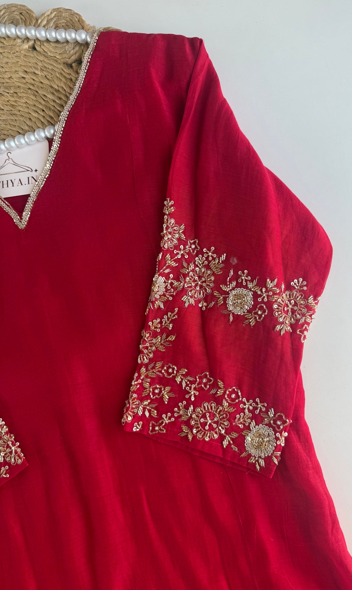 K457 - Mul chanderi handwork aline Kurti with pants and dupatta
