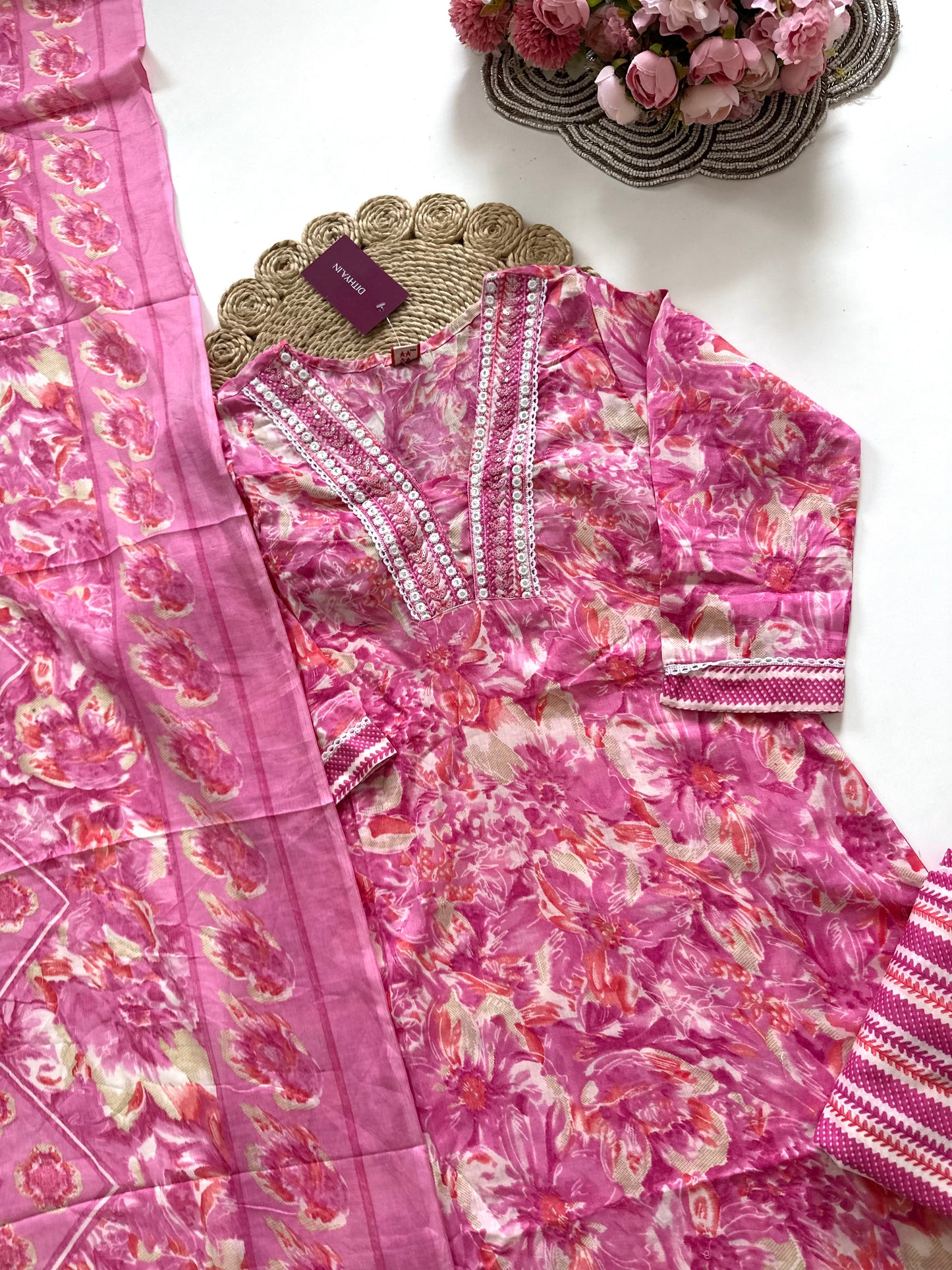 K387 - Cotton floral straight Kurti with pants and dupatta in 4 colours
