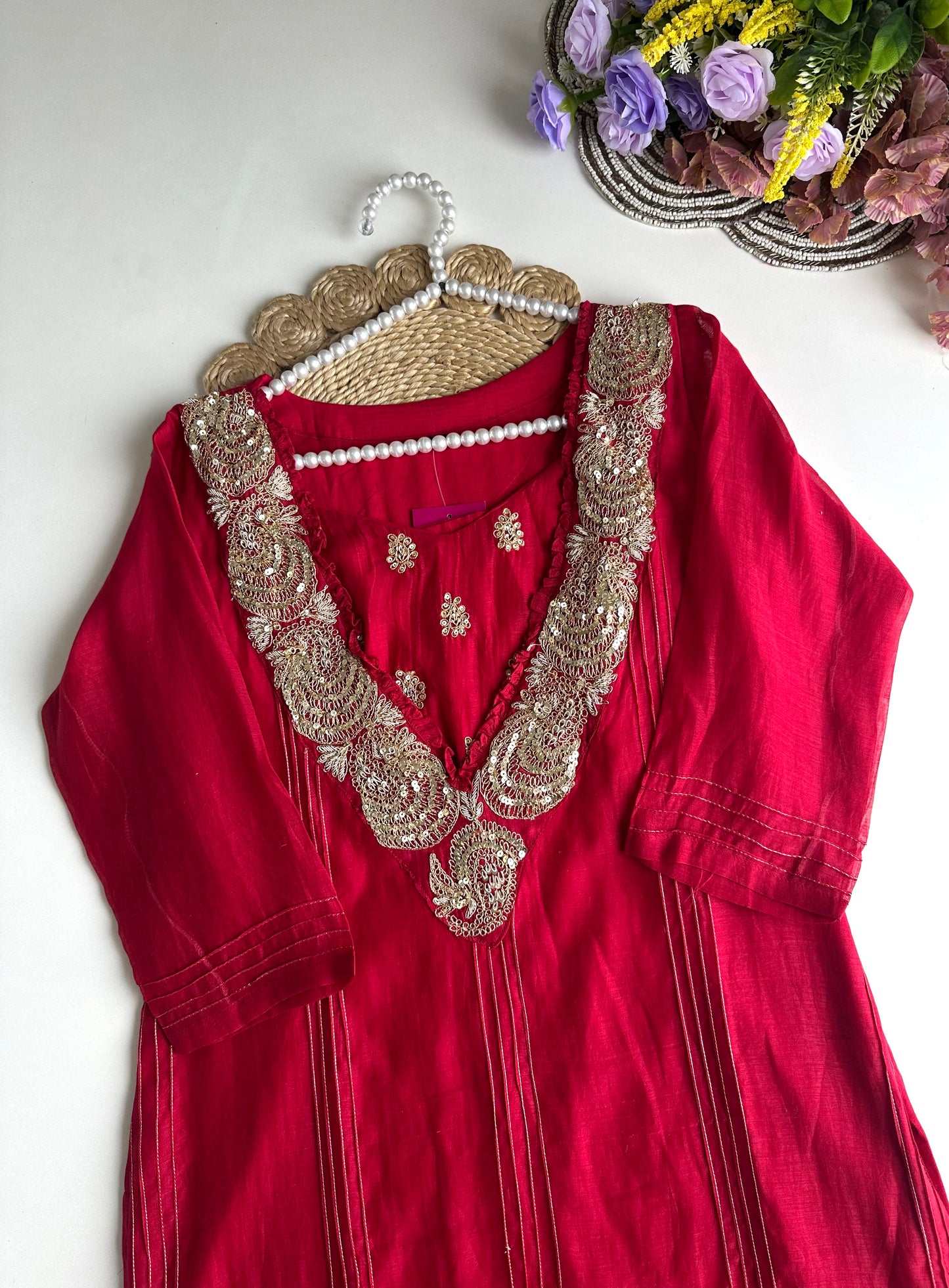 K451 - Mul Chanderi handwork Straight Kurti with inner and pants