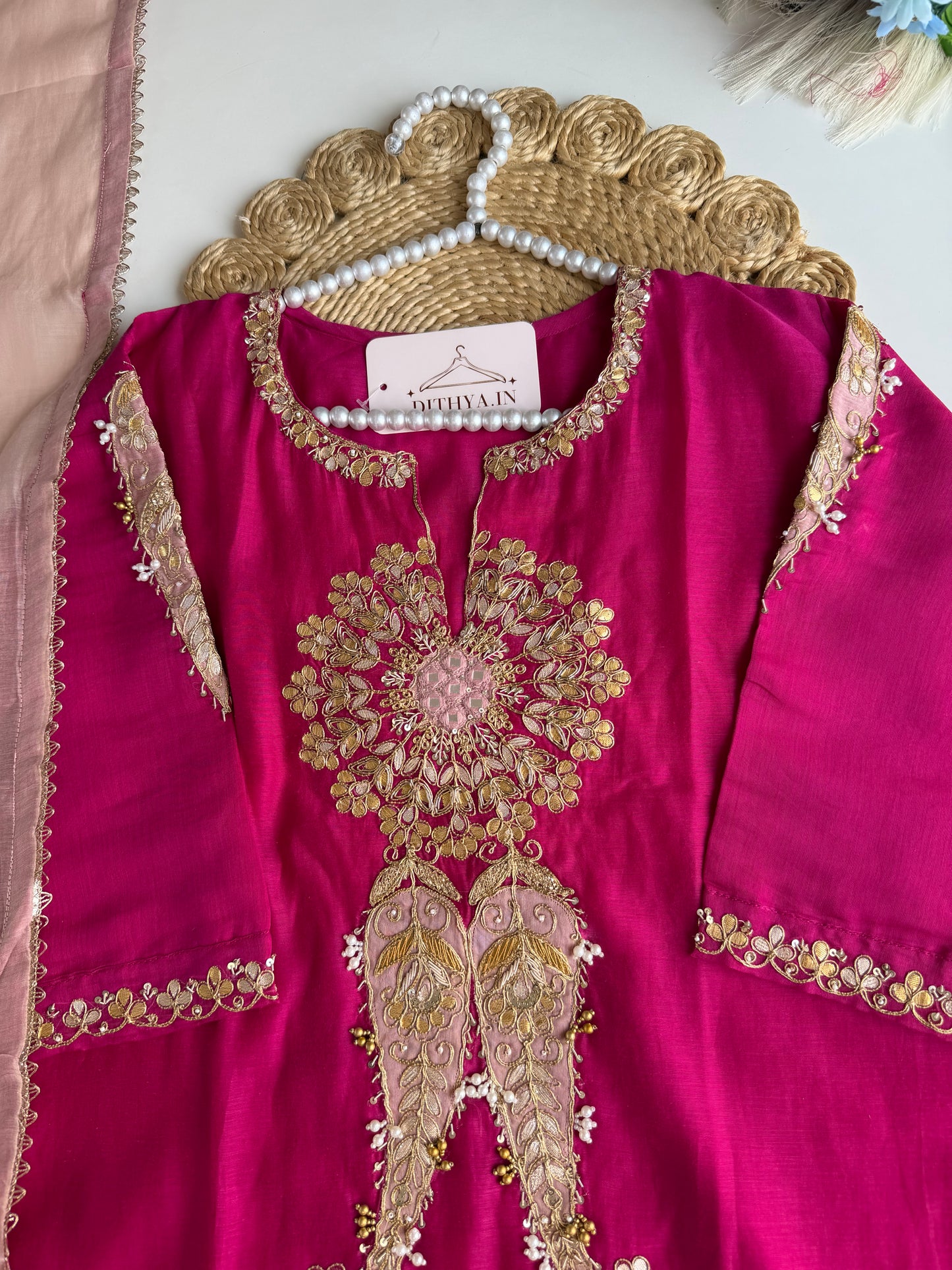 K584 - Mul chanderi gota work straight Kurti with pants and dupatta