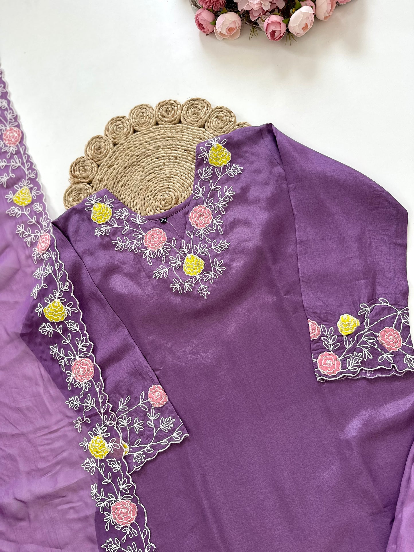 K361 - Russian silk appliqué work straight Kurti with pants and Dupatta in 2 colours
