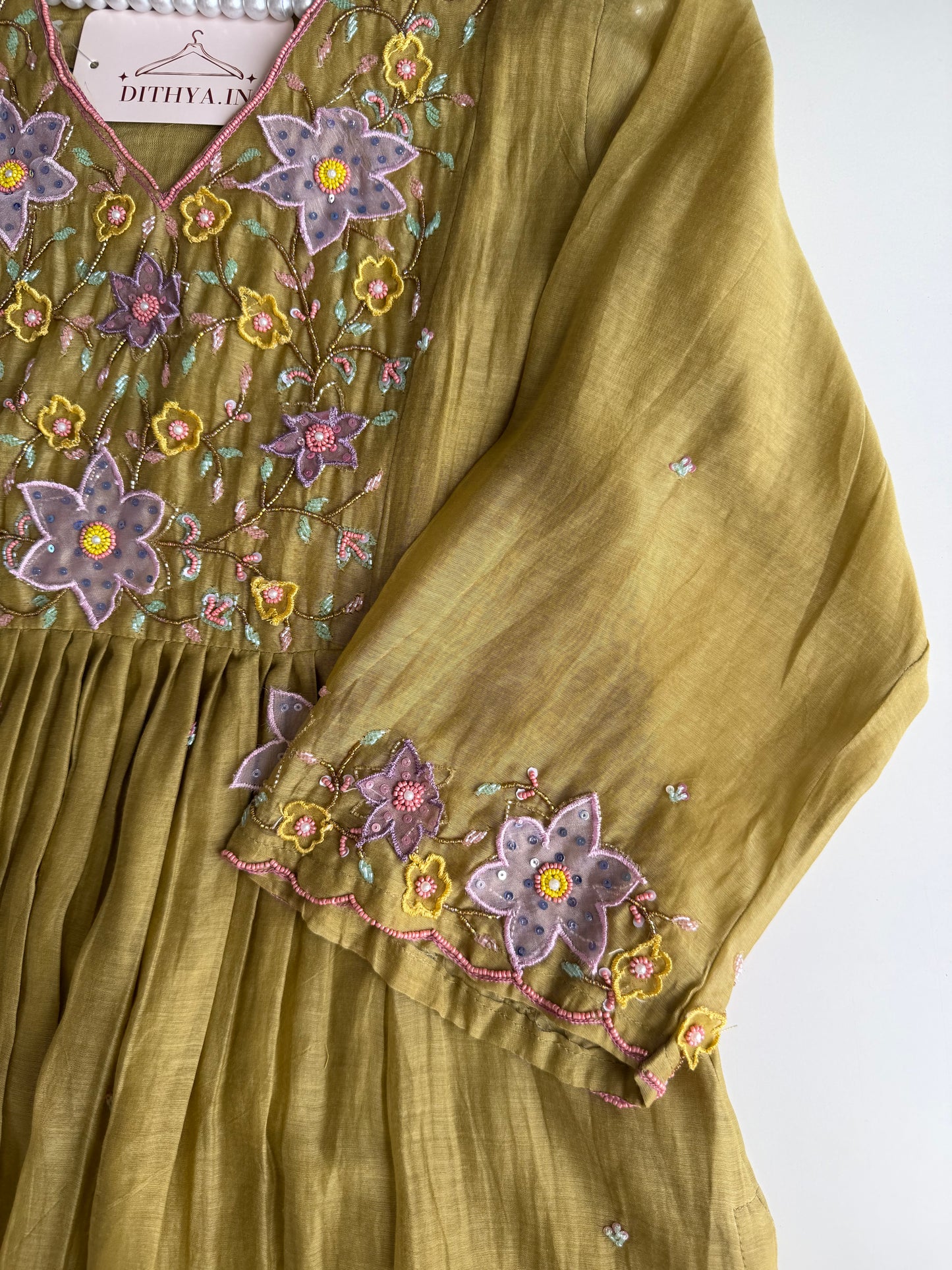 K298 - Mul chanderi 3D handwork Aline Kurti with pants and dupatta
