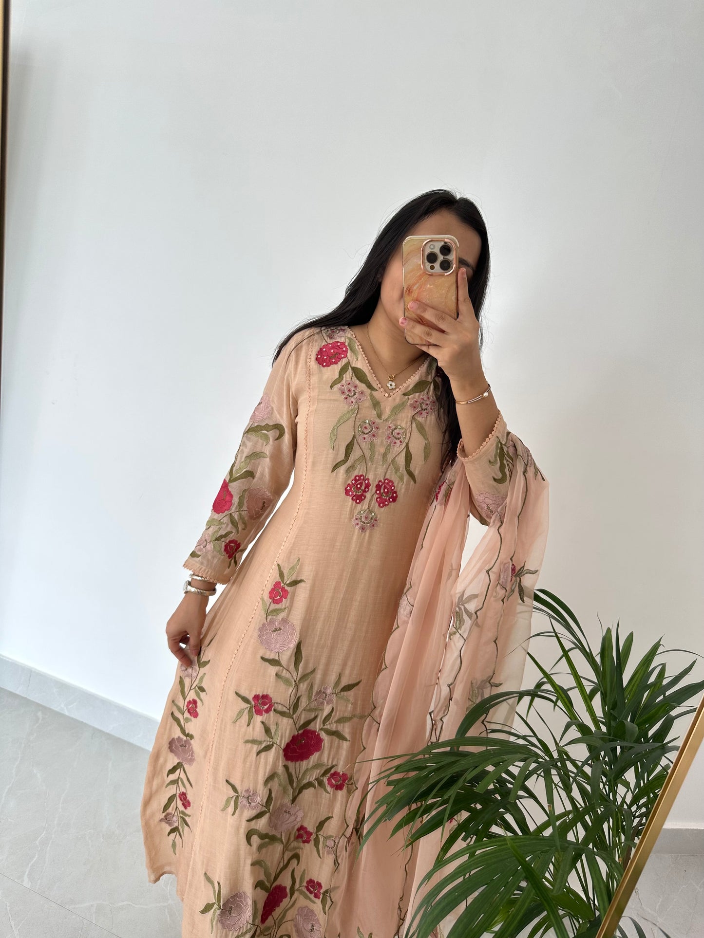 K379 - Mul Chanderi appliqué work Aline Kurti with pants and dupatta in 2 colours