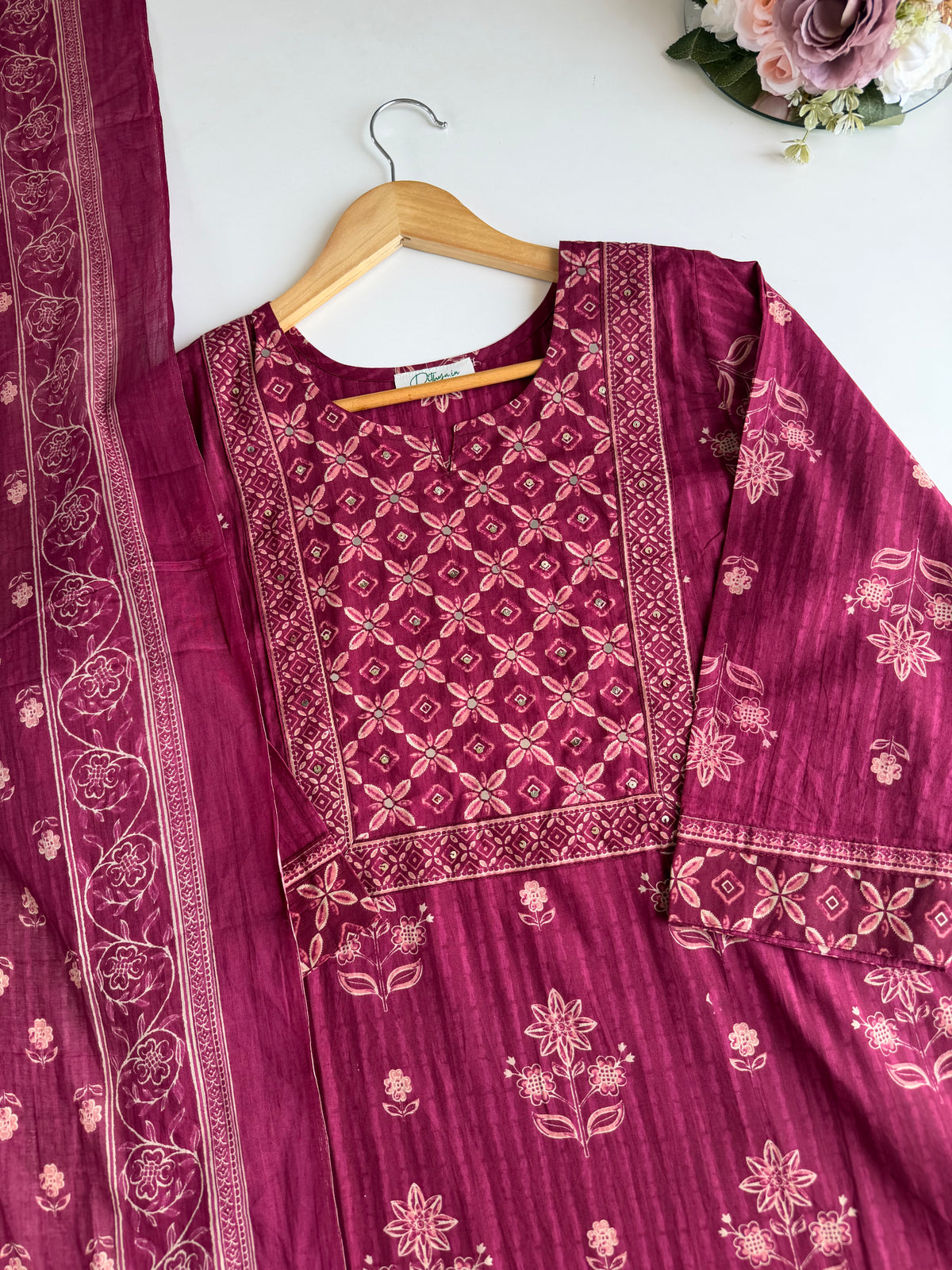 K571 - Mul cotton embroidered straight Kurti with pants and dupatta