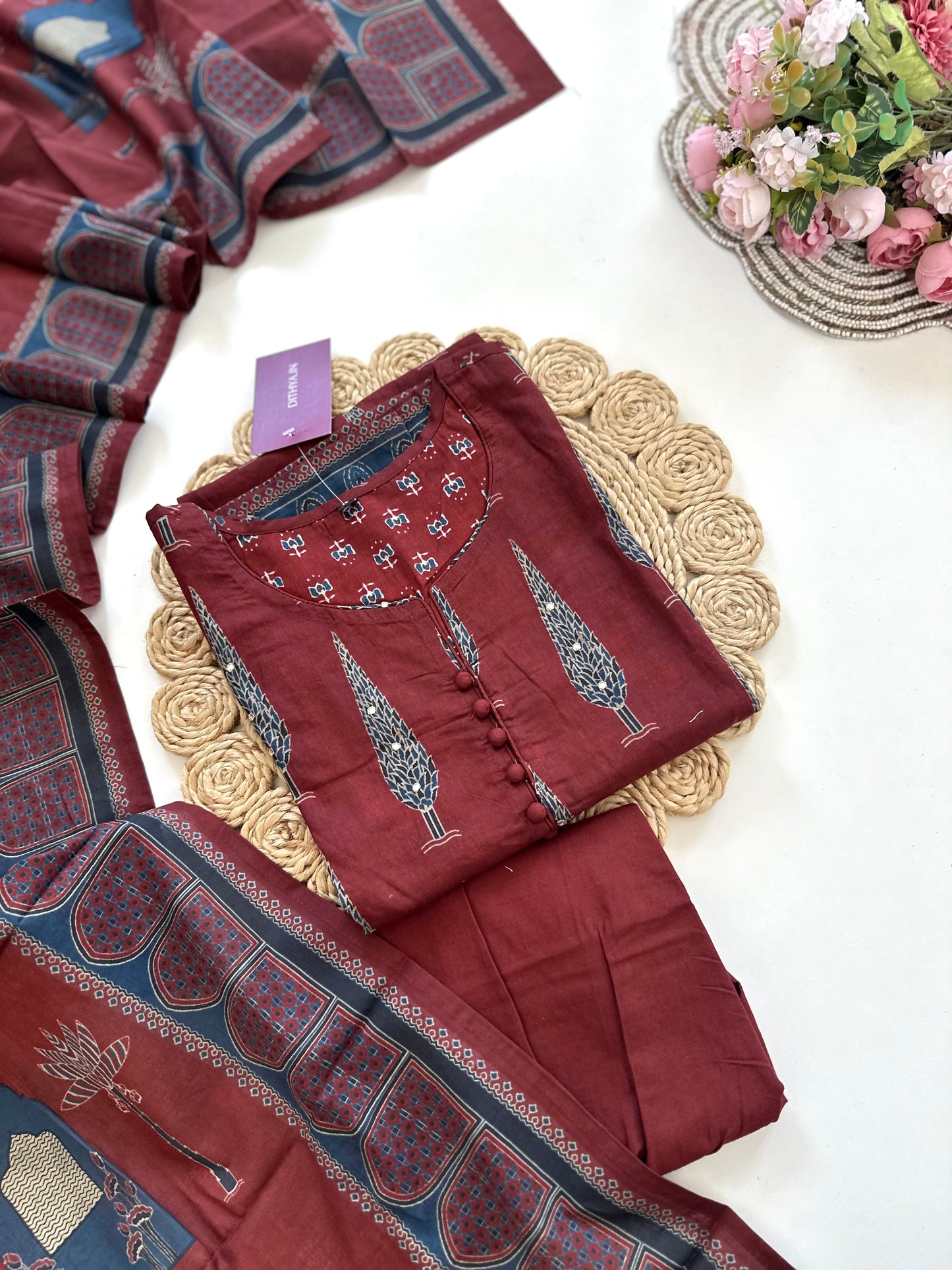 K007 - Mul cotton straight Kurti with pants and dupatta in 2 colours