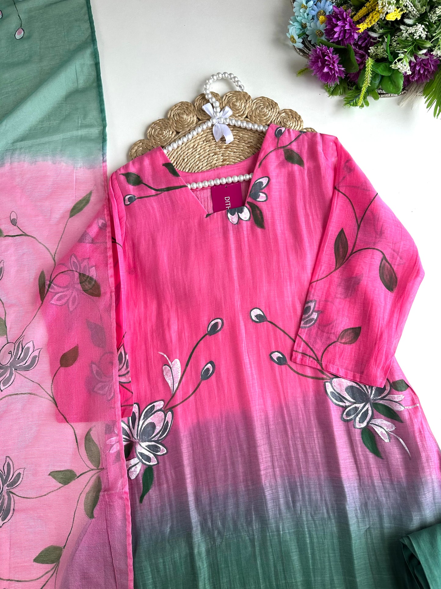 K257 - Mul Chanderi ombré handpainted Aline Kurti with pants and dupatta