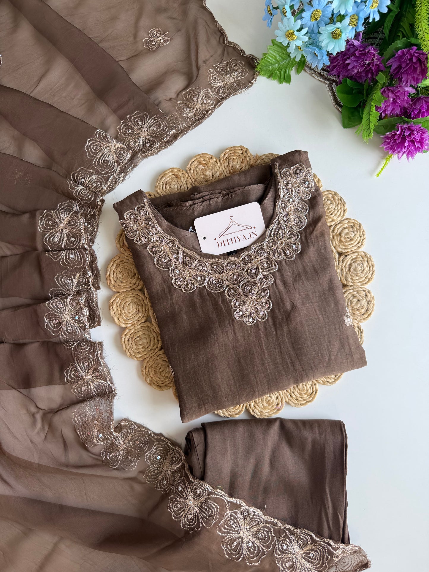 K304 - Mul chanderi zari work Aline Kurti with pants and dupatta