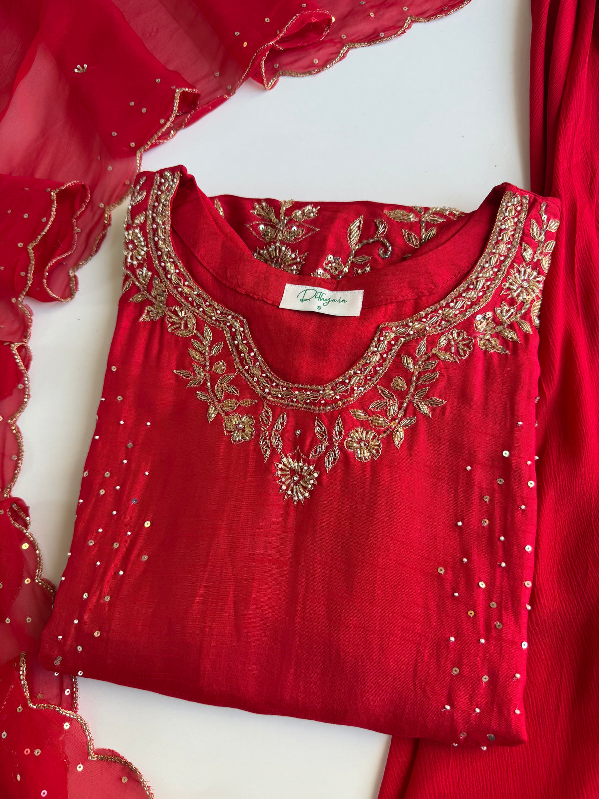 K195 - Russian silk handwork short Kurti with divider pants and dupatta