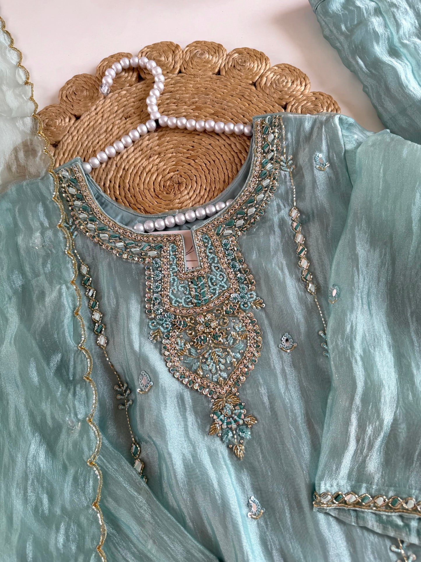 K332 - Glass tissue silk handwork short Kurti with pants and dupatta