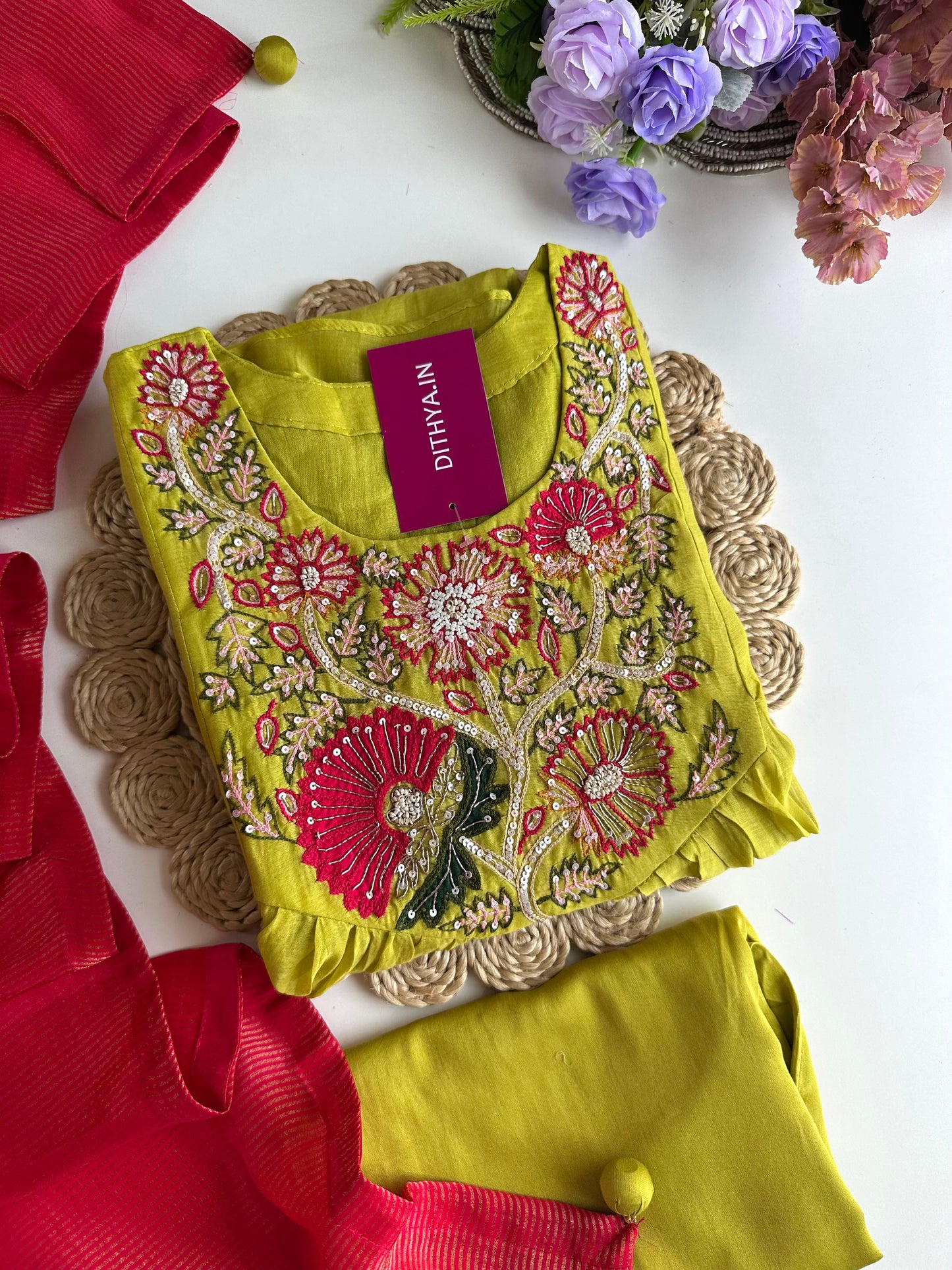K148 - Mul Chanderi handwork Aline Kurti with pants and dupatta