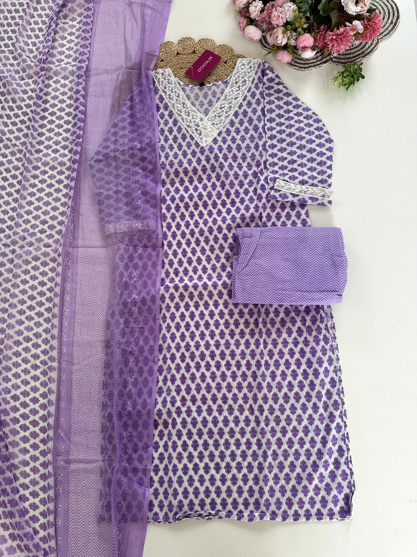 K354 - Cotton floral straight Kurti with pants and dupatta