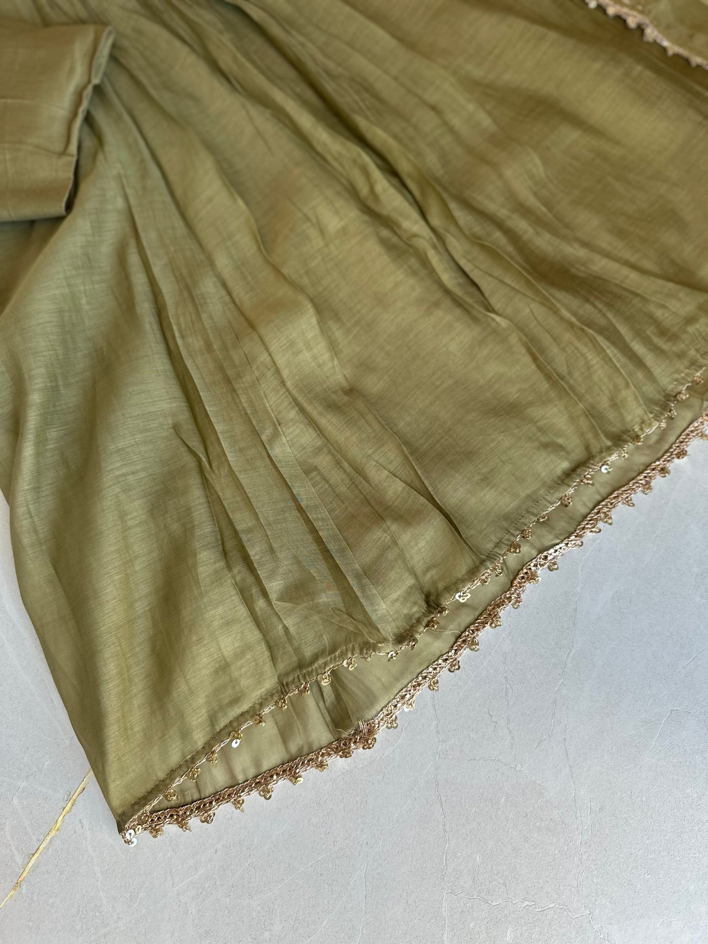 K093 - Mul Chanderi handwork Aline Kurti with pants and dupatta