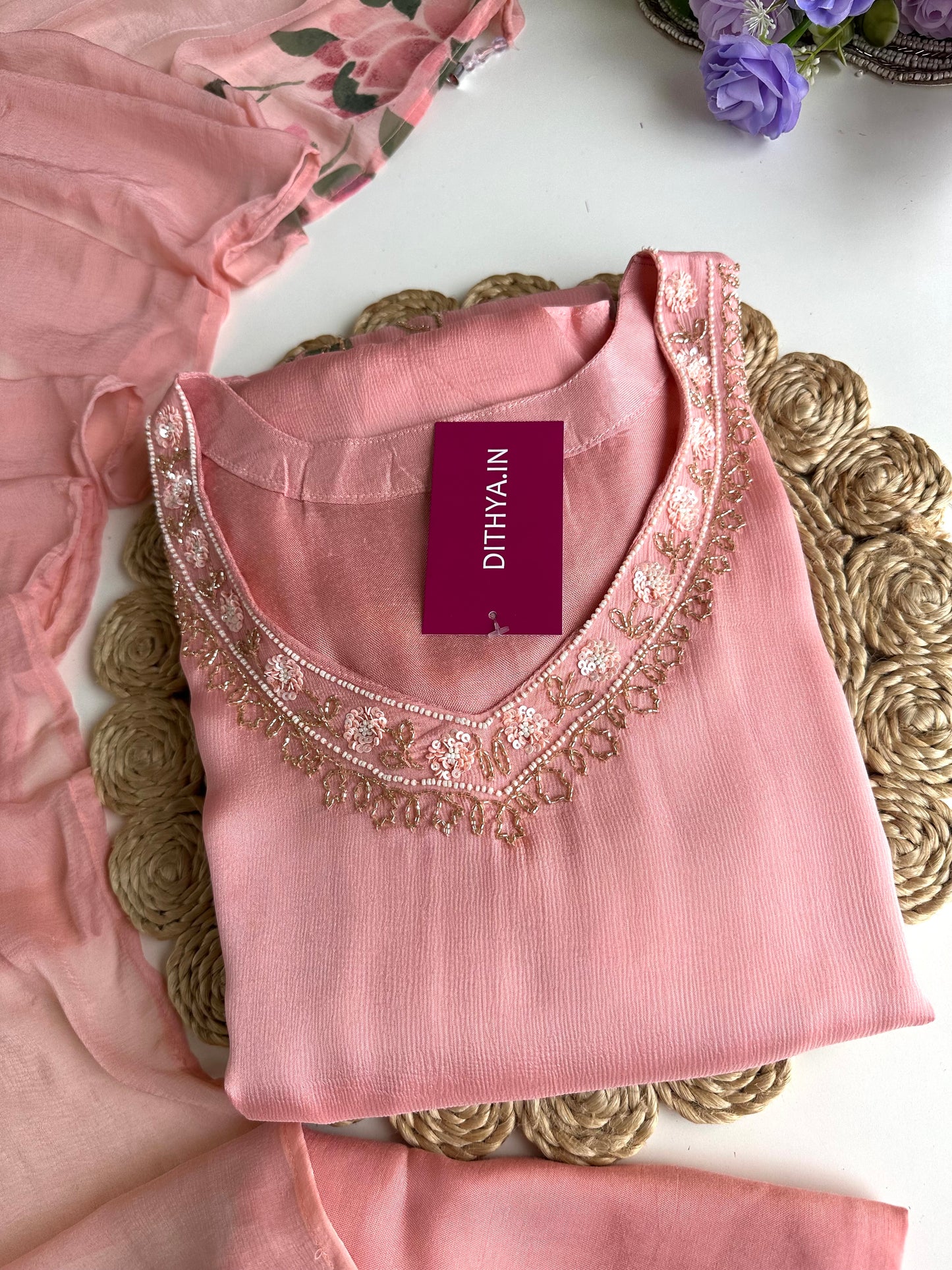 K252 - Chinnon handwork Aline Kurti with pants and dupatta