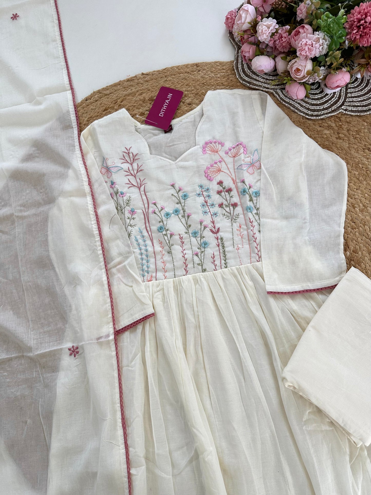 K144 - Mul cotton embroidered Anarkali with pants and dupatta