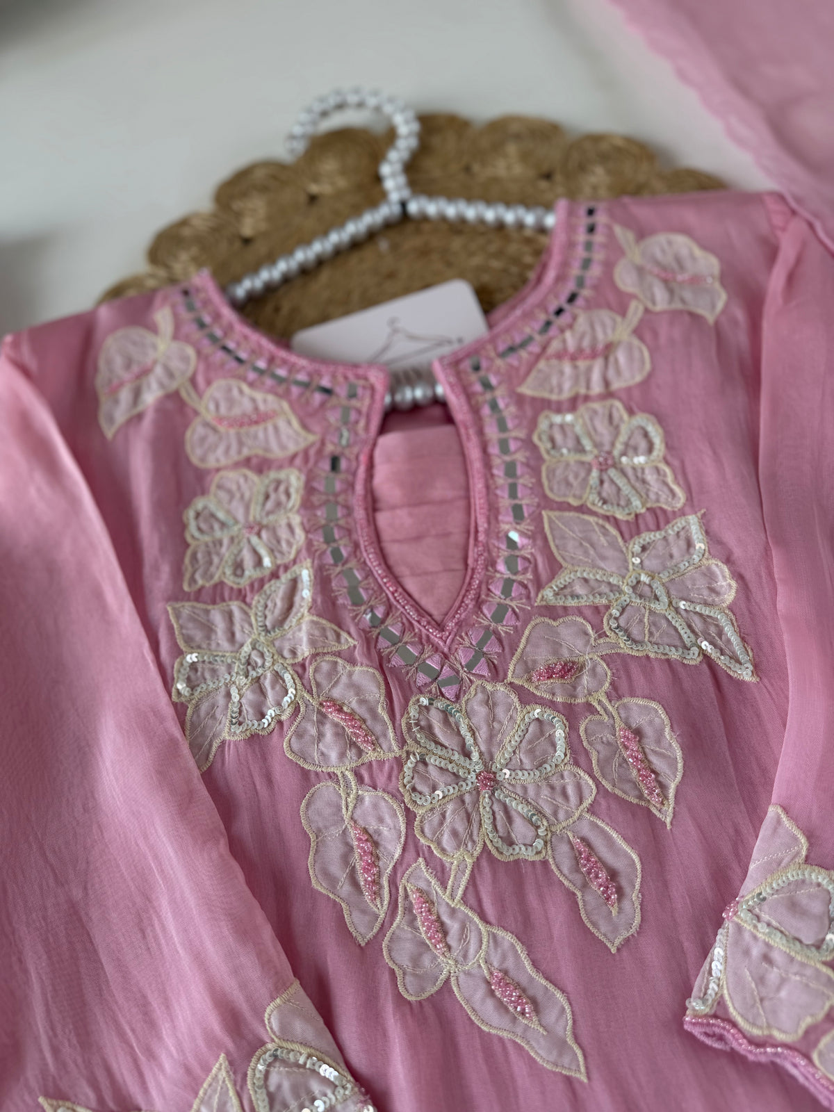 K046 - Viscose organza appliqué handwork short Kurti with divider pants and dupatta