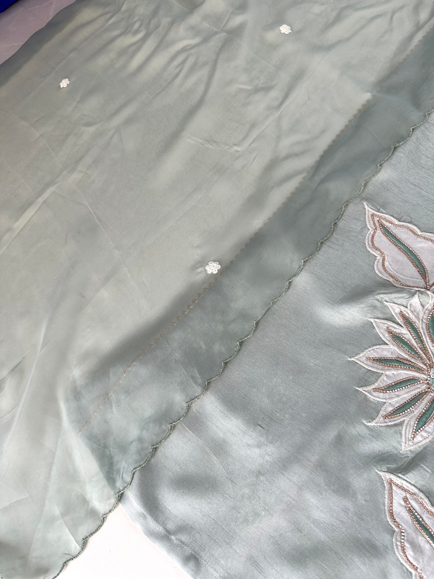 K178 - Mul Chanderi Handwork Straight kurti with pants and dupatta.