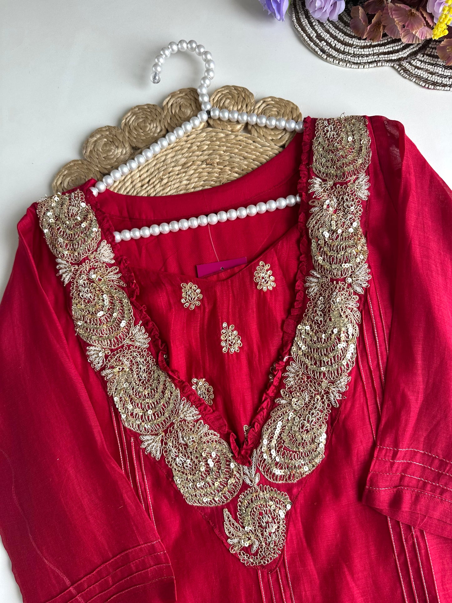 K451 - Mul Chanderi handwork Straight Kurti with inner and pants