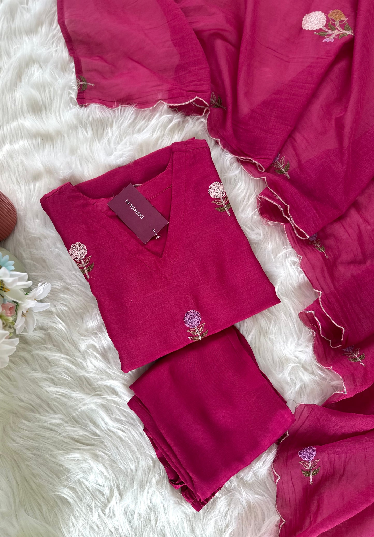 K035 - Mul Chanderi appliqué work straight Kurti with pants and dupatta