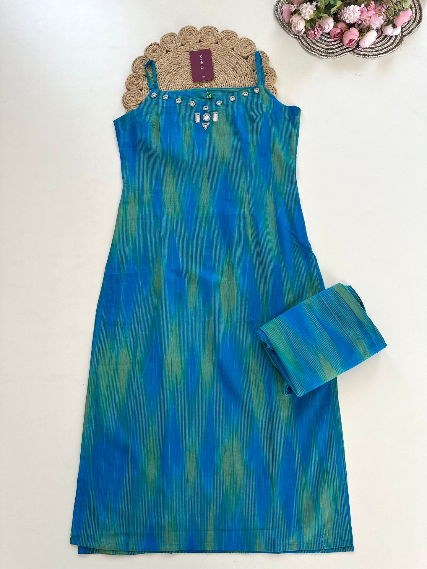 K040 - Cotton strap mirror work Kurti with pants in 3 colours