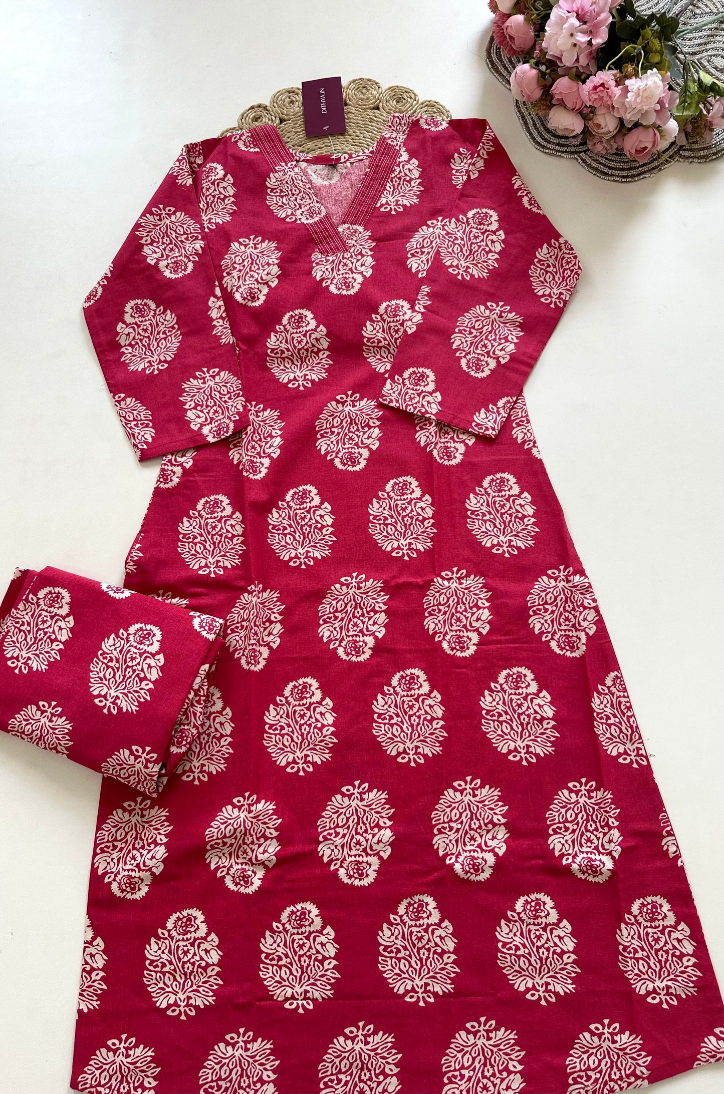 K395 - Cotton Aline Kurti with pants in 2 colours