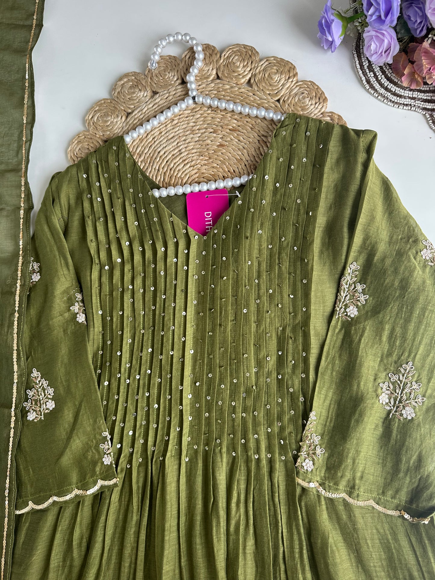 K210 - Mul Chanderi handwork Anarkali with pants and dupatta in 2 colours