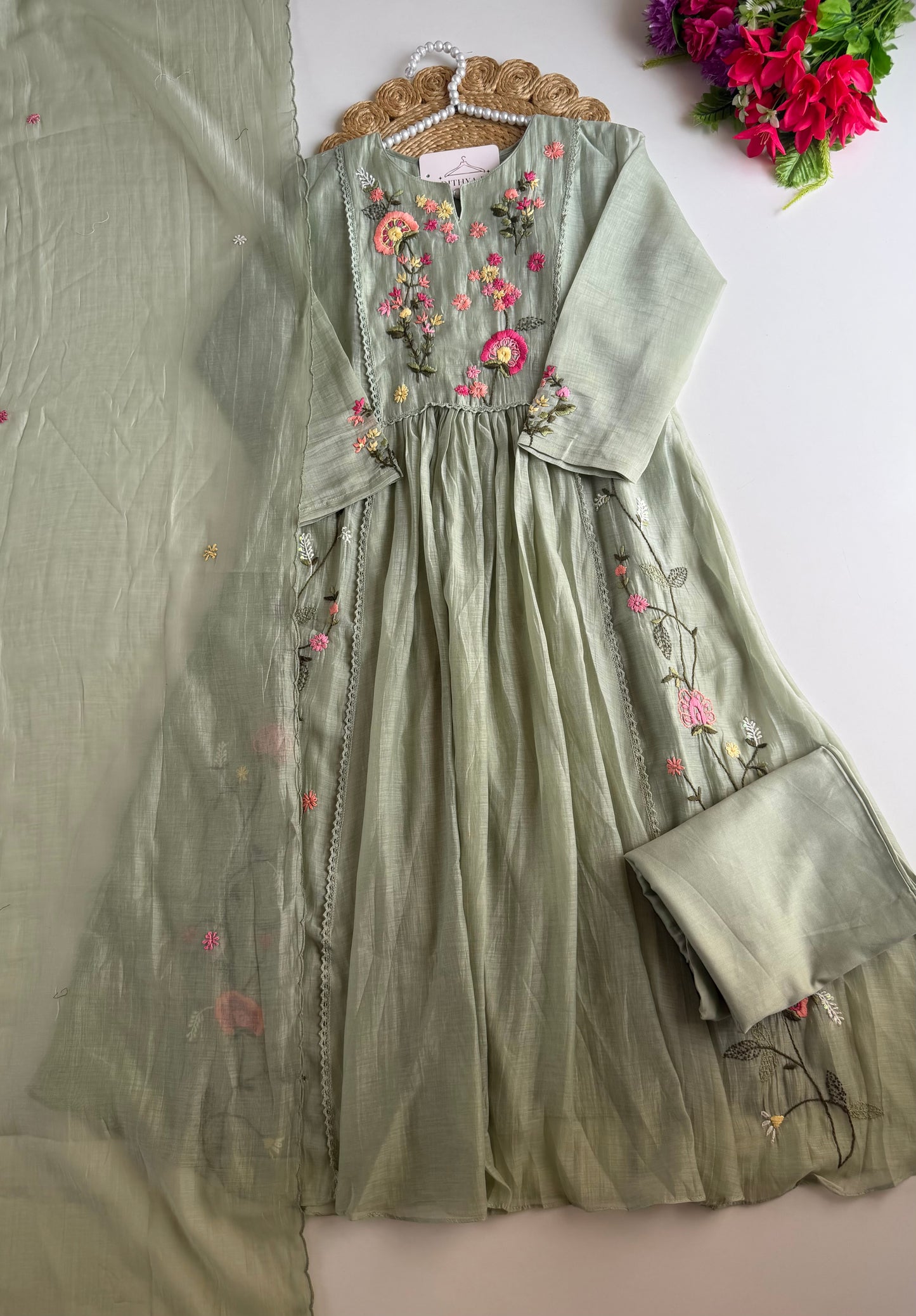 K542 - Mul chanderi embroidered Anarkali with pants and dupatta