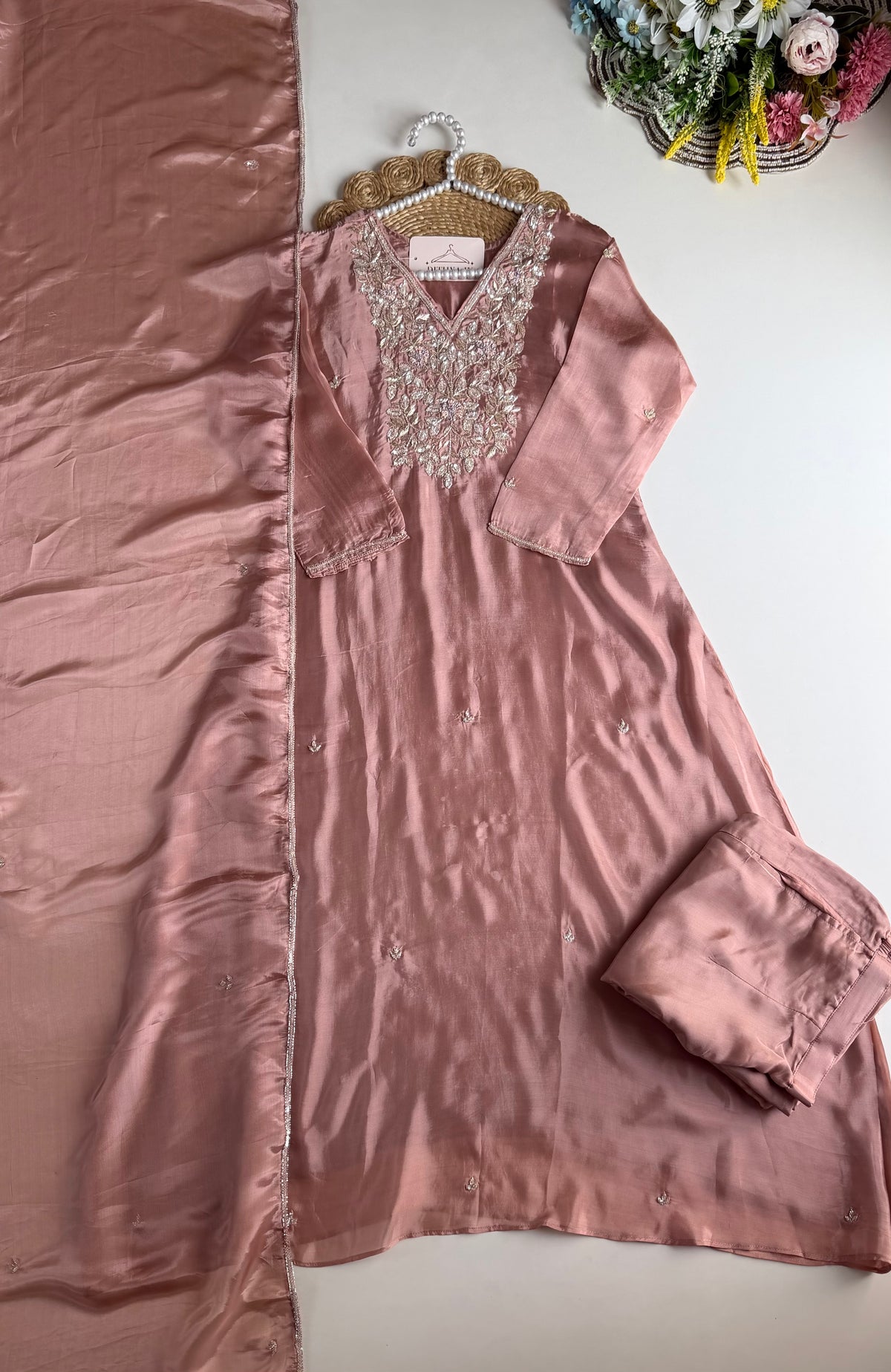 K597 - HO silk handwork Aline Kurti with pants and dupatta