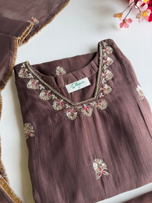 K165 - Mul chanderi handwork Aline Kurti with pants and dupatta