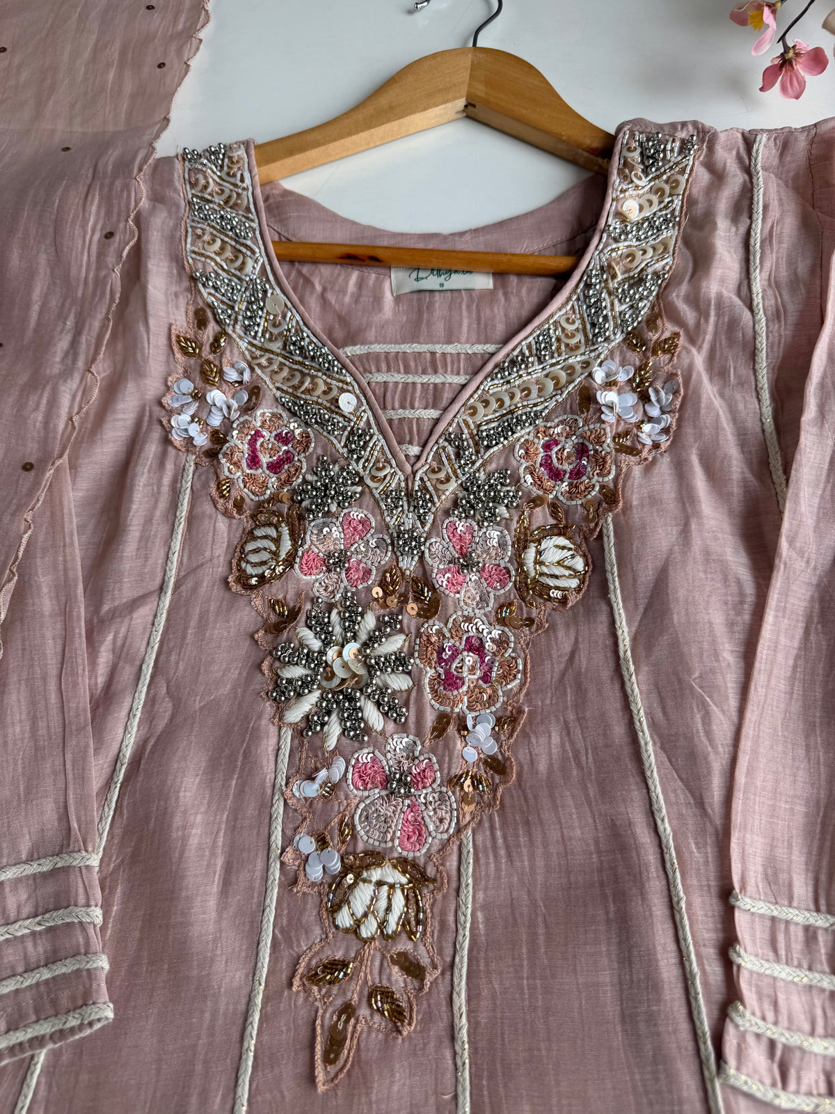 K407 - Mul chanderi handwork short Kurti with divider pants and dupatta