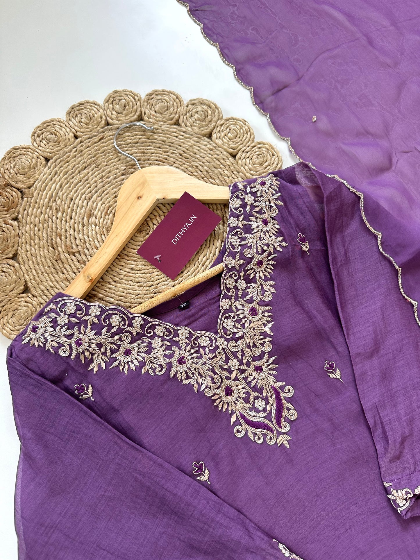 K126 - Zardosi mul Chanderi Aline Kurti with pants and dupatta