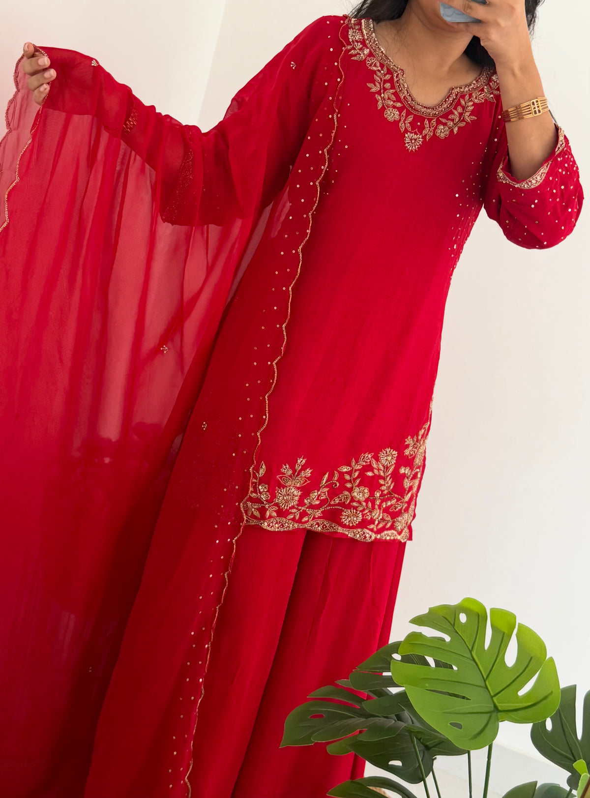 K195 - Russian silk handwork short Kurti with divider pants and dupatta