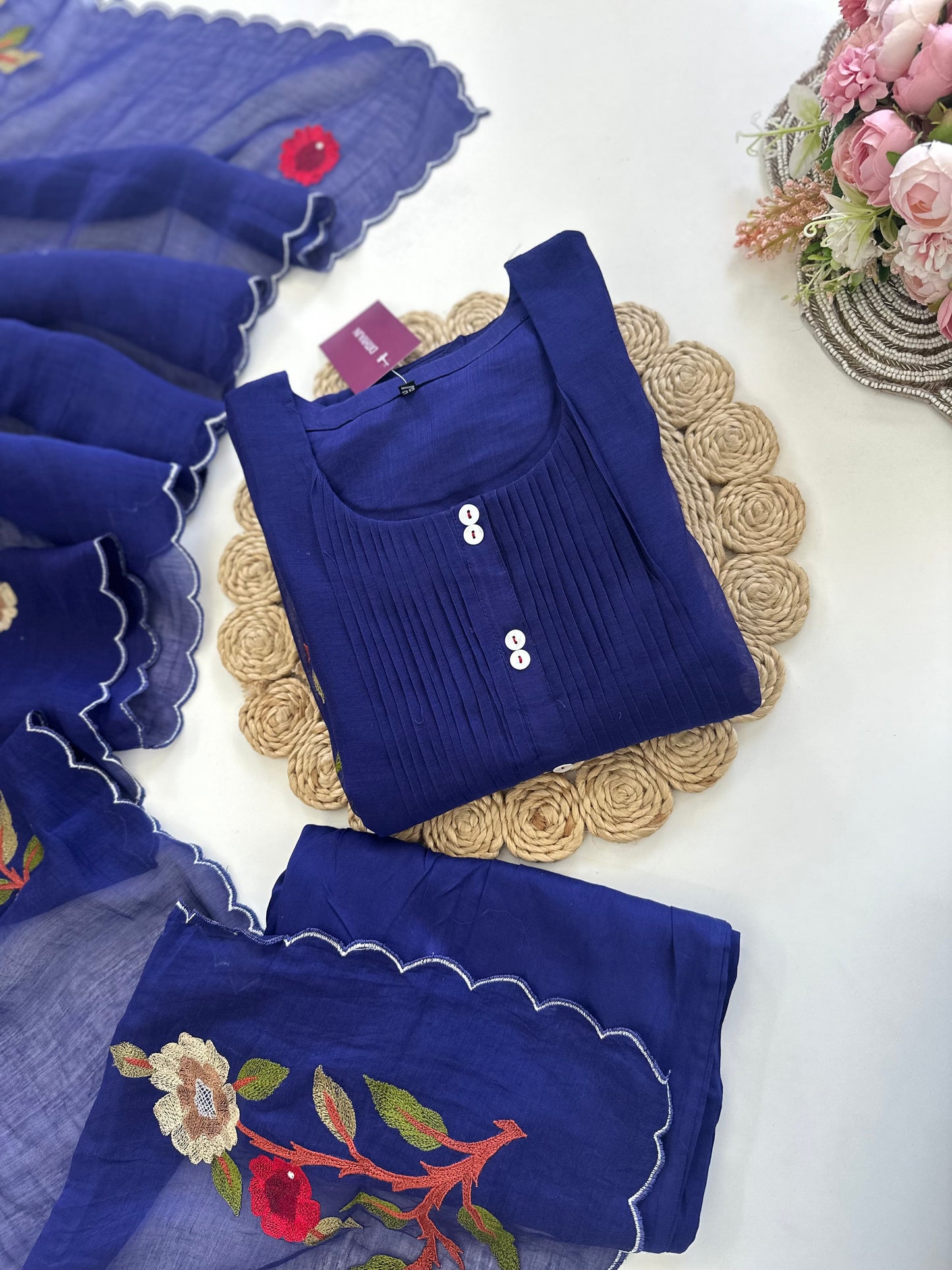 K308 - Mul Chanderi hand embroidered Aline Kurti with pants and dupatta in 2 colours .