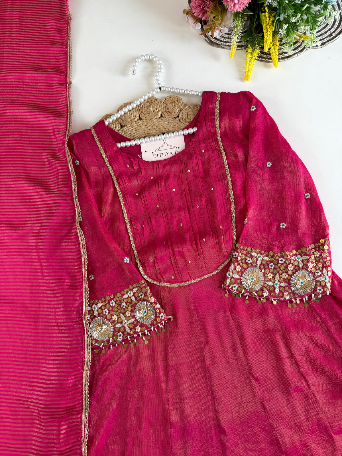 K475 - Tissue silk handwork Anarkali with pants and dupatta