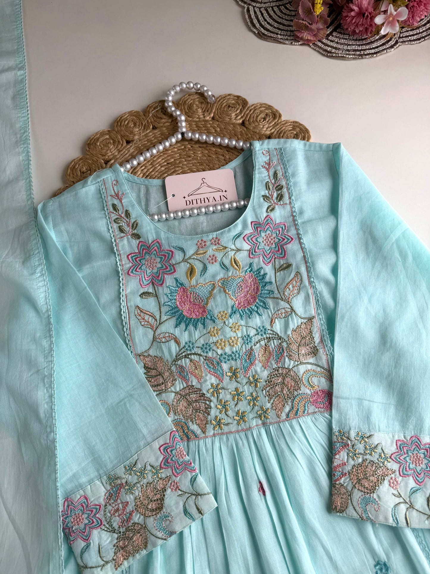 K215 - Mul cotton embroidered Anarkali with pants and dupatta in 2 colours