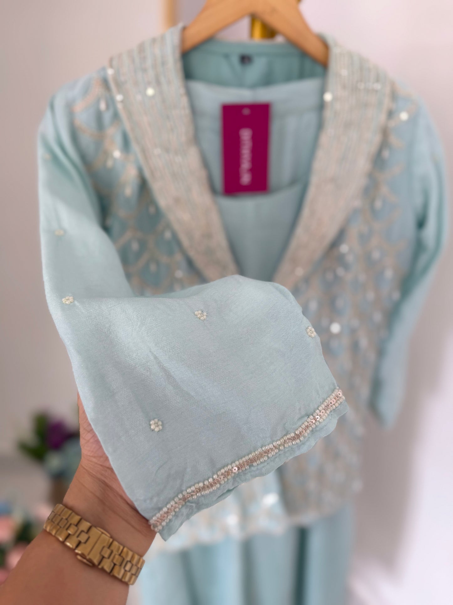 K523 - Pure chinnon handwork blazer , crop top inner and palazzo