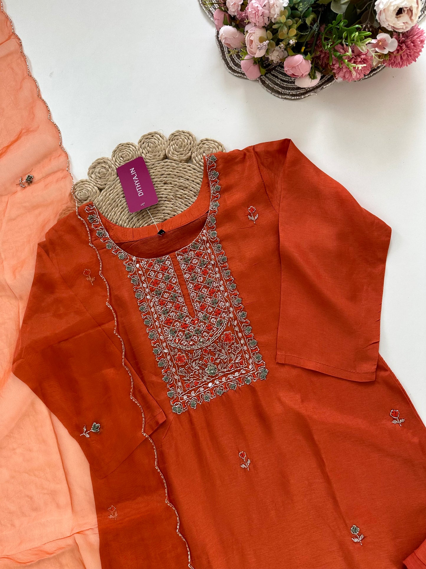 K231-Dola silk handwork straight Kurti with pants and dupatta in 2 colours