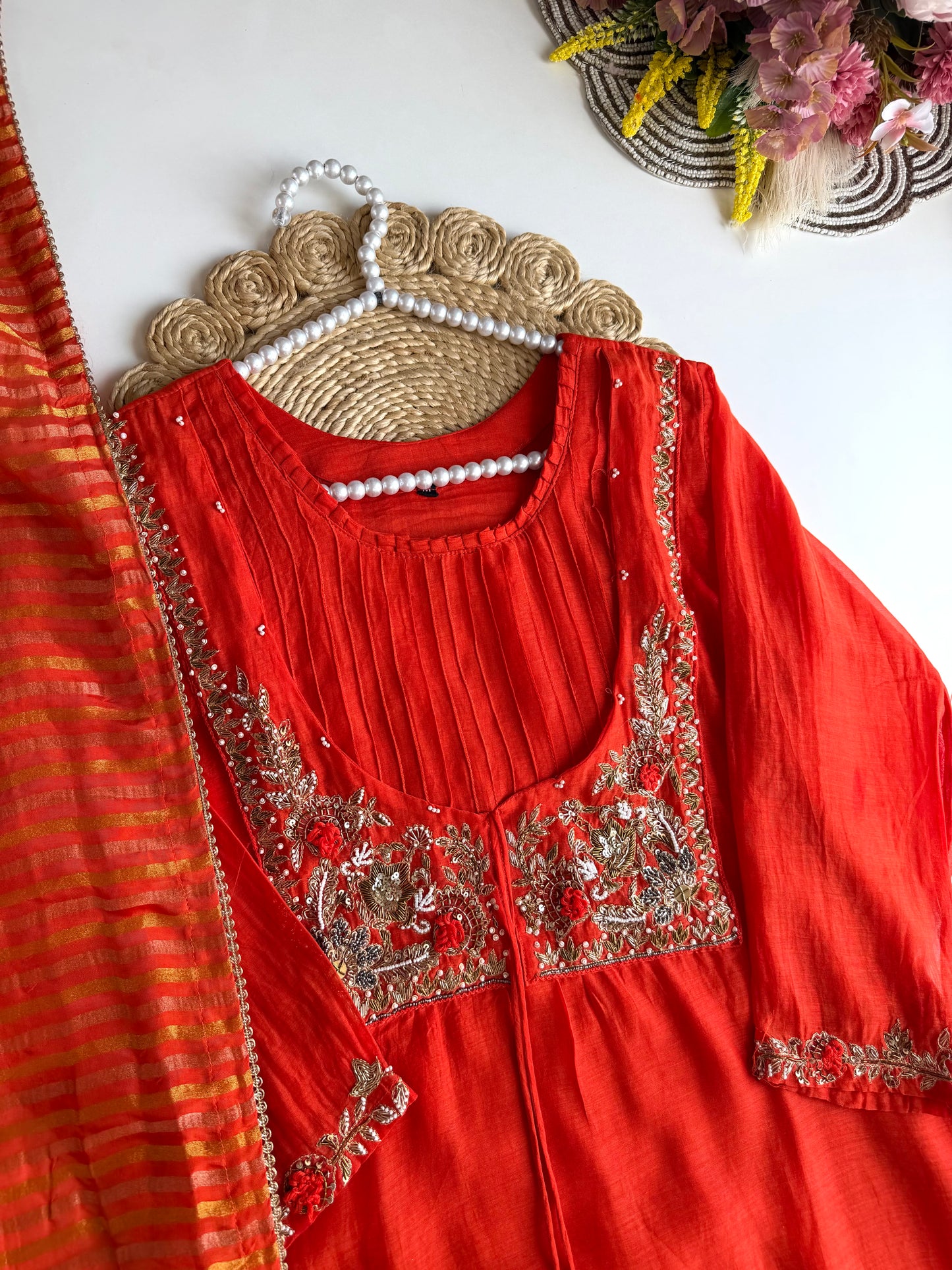 K521 - Mul chanderi Handwork aline Kurti with pants and dupatta