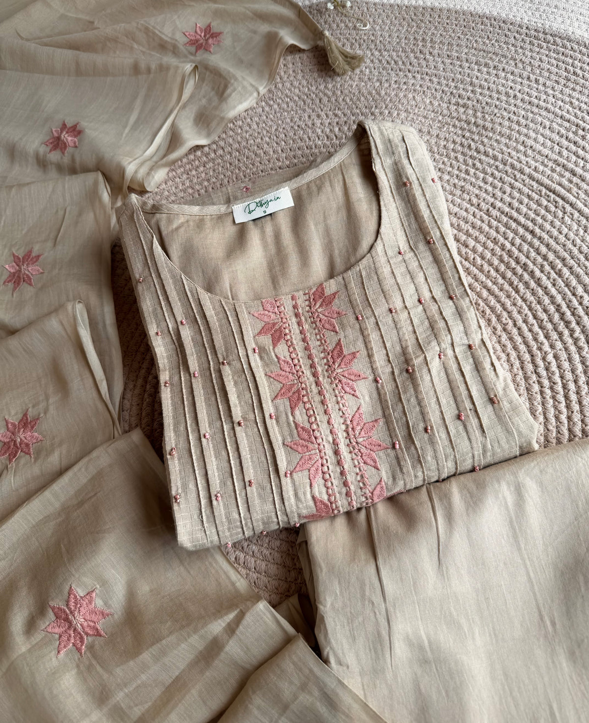 K226 - Mul cotton embroidered Aline Kurti with pants and dupatta in 2 colours