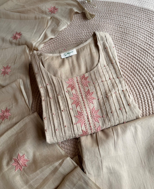 K226 - Mul cotton embroidered Aline Kurti with pants and dupatta in 2 colours