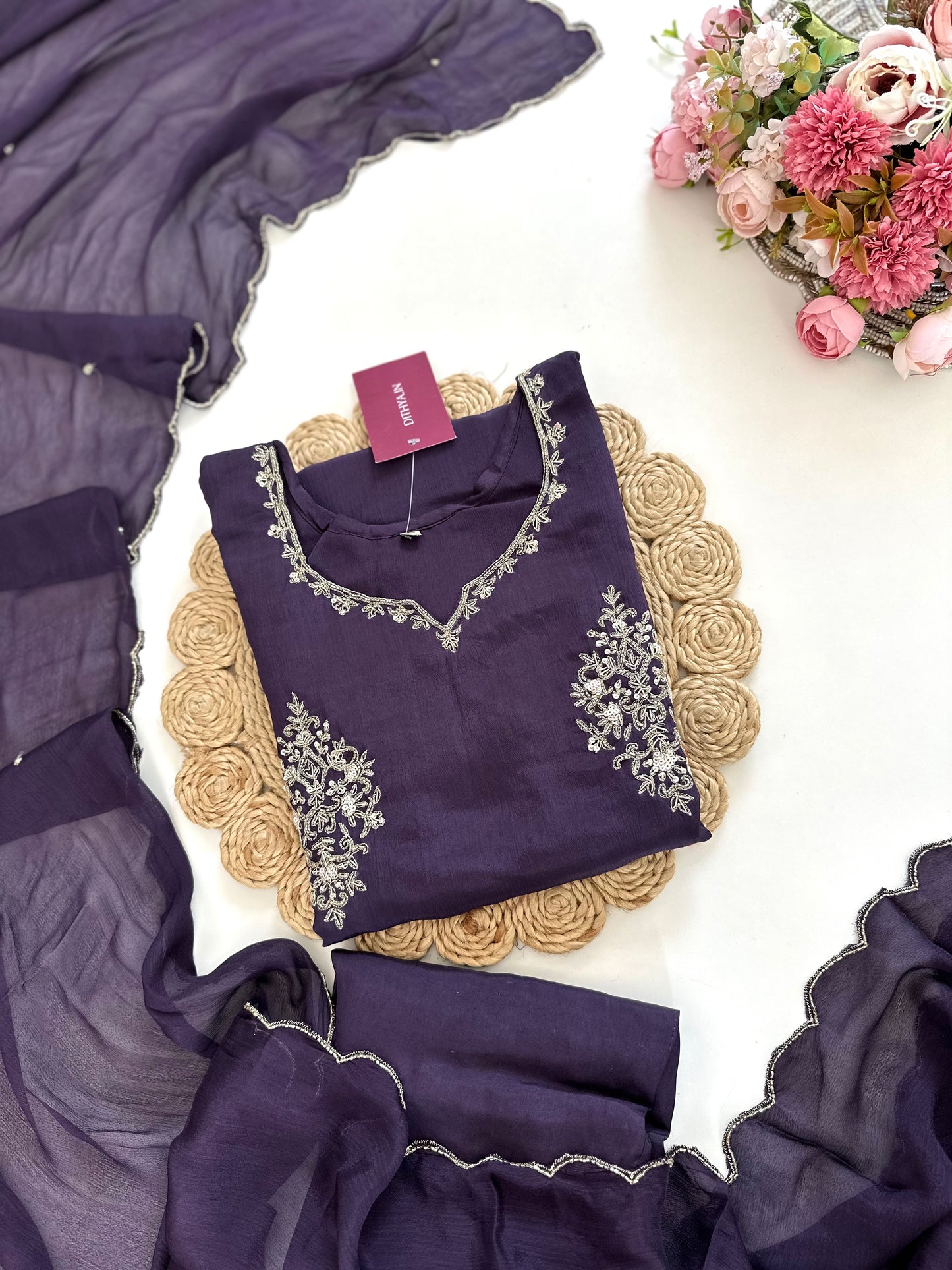 K282 - Chinnon handwork Straight Kurti with pants and dupatta
