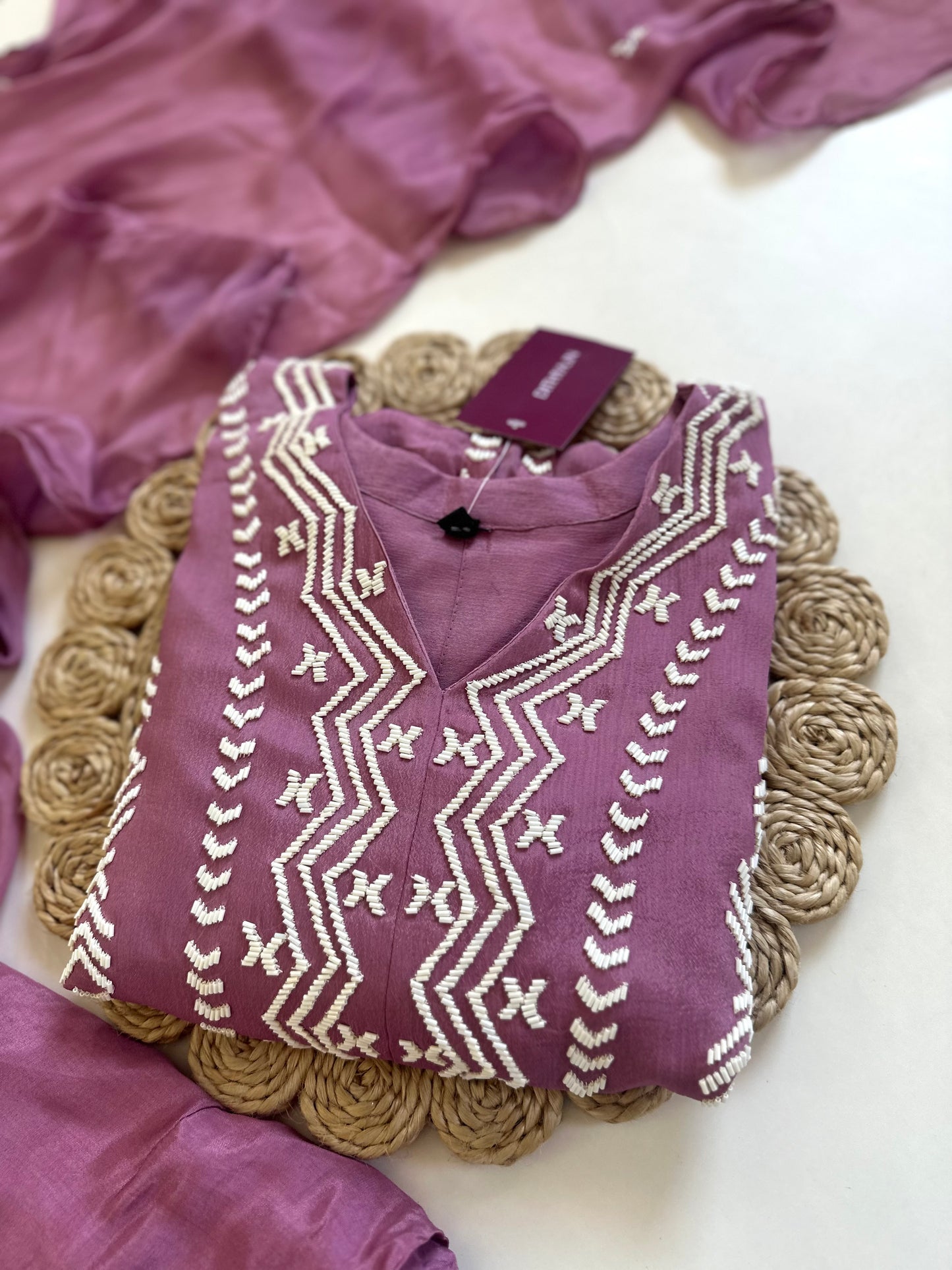 K150 - Pearl work Chinnon Aline Kurti with centre slit , straight pants and organza dupatta .