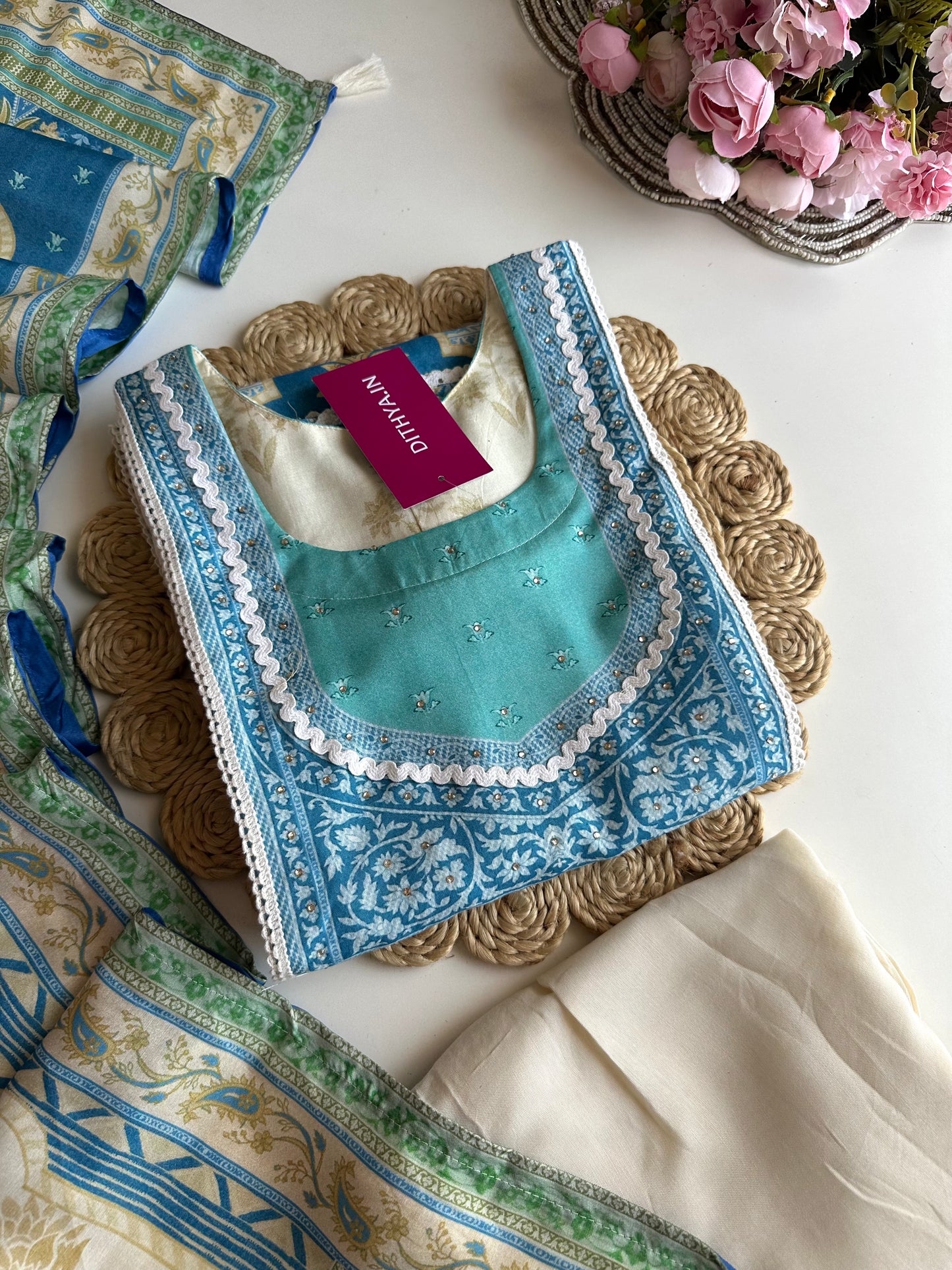 K230 - Pure muslin handwork straight Kurti with pants and dupatta
