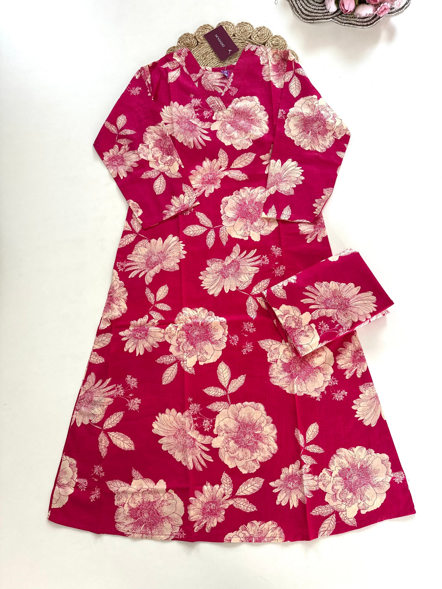 K227 - Cotton floral Aline Kurti with pants in 3 colours