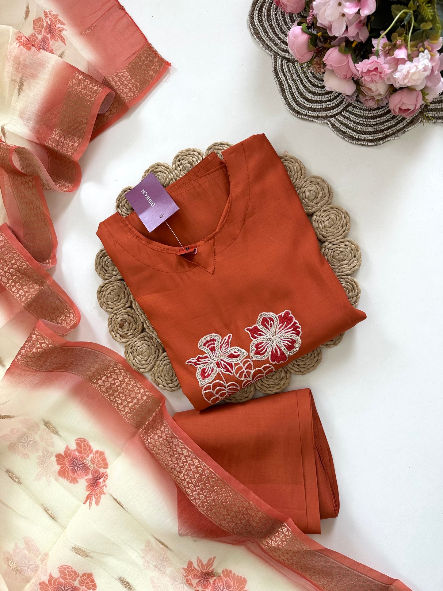 K218 - Roman silk thread work straight Kurti with pants and dupatta in 2 colours