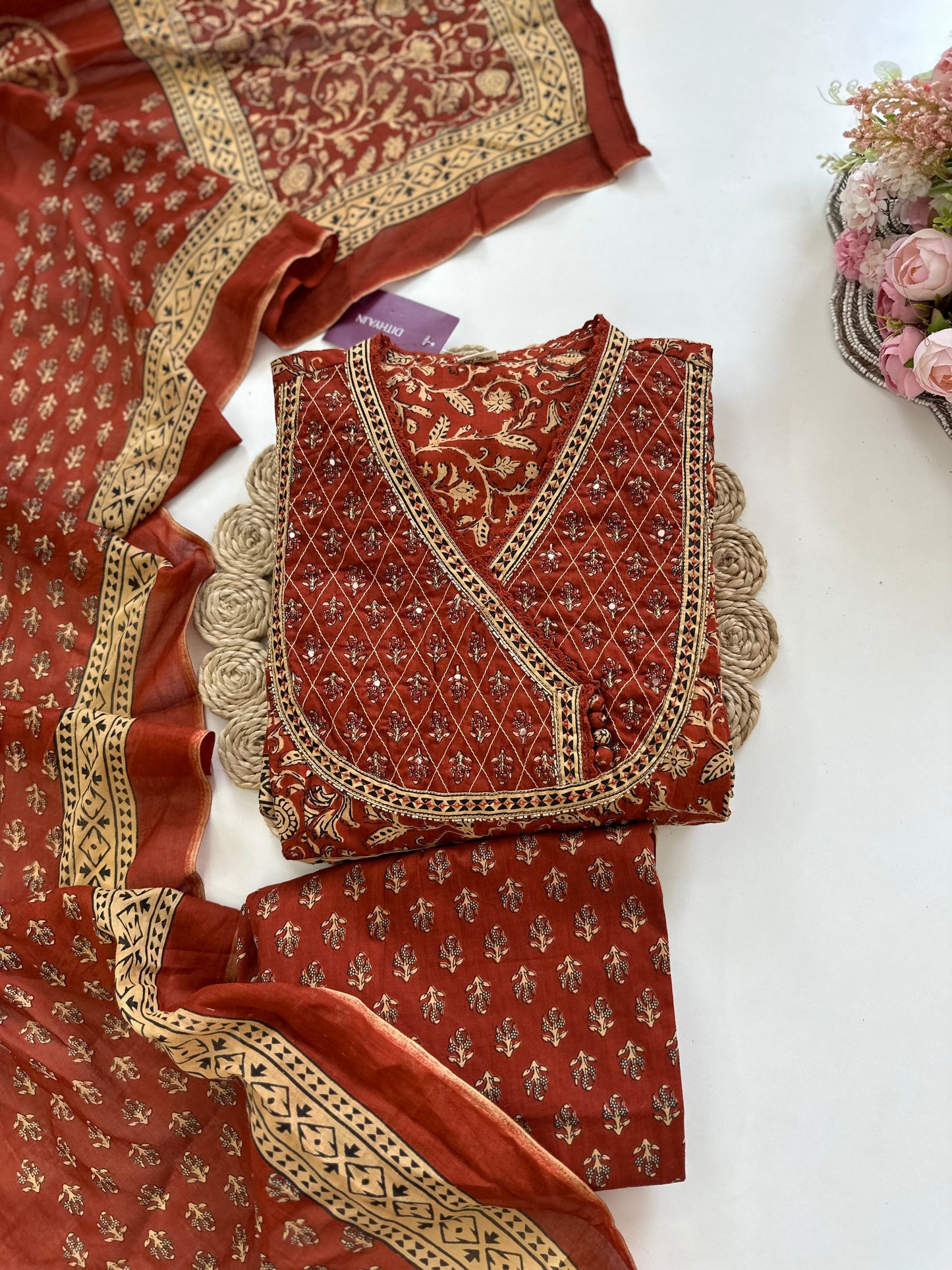 K055 - Cotton Handwork Anarkali with pants and dupatta in 2 colours