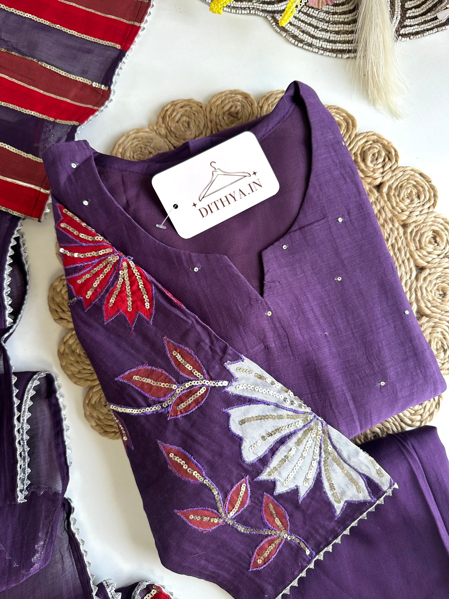 K484 - Mul Chanderi handwork Aline Kurti with pants and dupatta