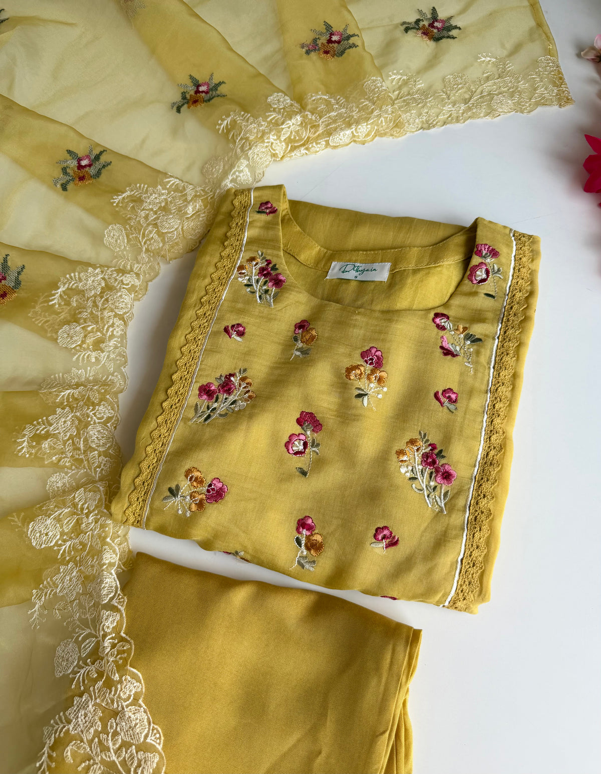 K602 - Mul chanderi embroidered net lace work Aline Kurti with pants and dupatta
